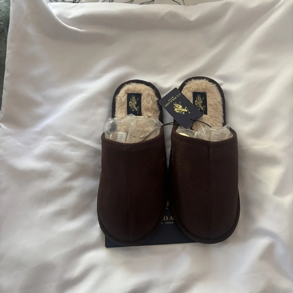 US Polo Assn‎ Mens Suede Faux Fur Lined Scuff Slippers Brown Size S 7/8 NEW